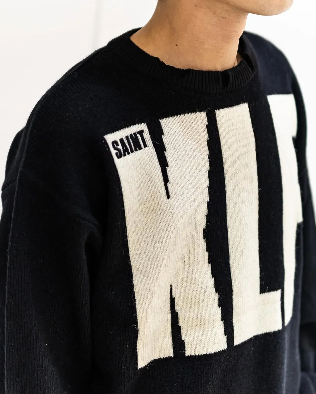 SAINT Mxxxxxx × The KLF KLF_CREW NECK KNIT/BLK KLF joint deconstructed wool sweater, black S-XL, original heel, made of 100% pure wool, natural and warm, wool fabric, dry cleaning or gentle hand washing recommended, completely correct version, customized KLF joint main mark/wash mark, imported special machine embroidery, full three-dimensional, pure hand destruction, deconstructed and shredded